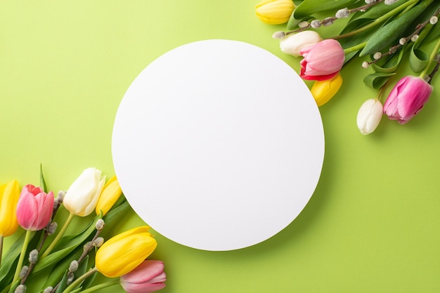 Conceito da temporada de primavera Foto de top view de buquês de tulipas em círculo vazio branco e galhos de salgueiro em fundo verde claro isolado com espaço em branco