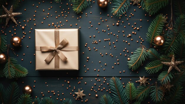 Conceito da véspera de natal foto de vista superior de caixas de presentes com laços de fita bolas de estrela dourada verde vermelho