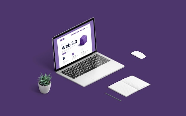 Conceito da Web 30 com laptop e página da web de apresentação Almofada de planta do mouse e caneta em fundo roxo