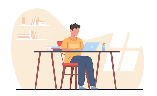 Conceito de adquirir conhecimento on-line jovem está sendo treinado usando computador portátil menino com fones de ouvido sentado na mesa e fazendo a lição de casa com o computador ilustração plana de desenho animado vetorial