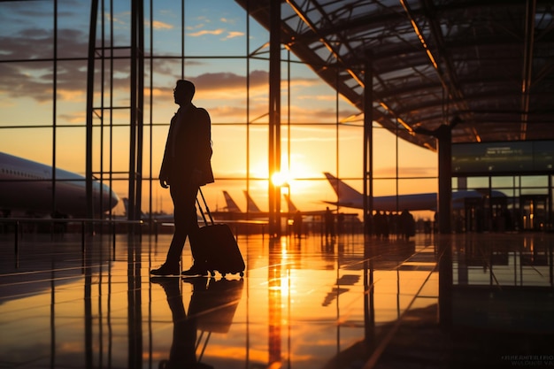 Conceito de aeroporto de negócios Silhuetas de um empresário com sua mala esperando um avião