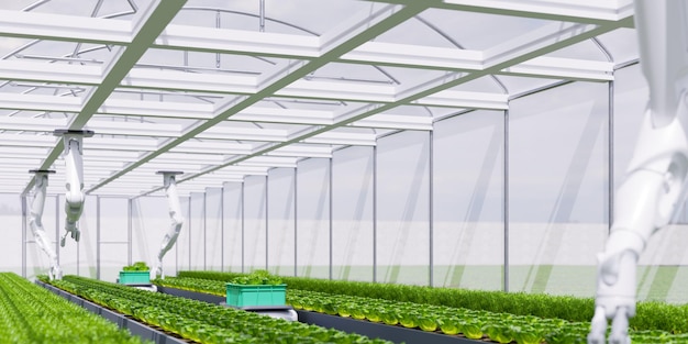 conceito de agricultores robóticos inteligentes de IA automação de tecnologia agrícola renderização 3d