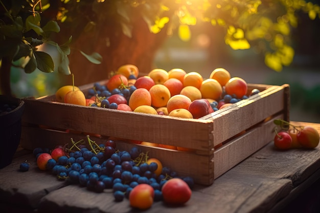 Conceito de agricultura e colheita com frutas frescas em caixas de madeira jardim de fazenda gerado ai