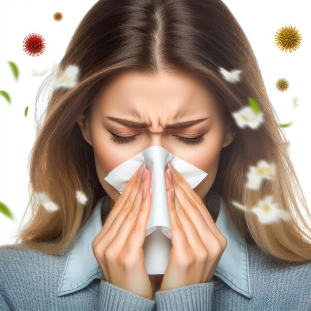Foto conceito de alergia de mulher a espirrar e nariz a escorrer isolado em fundo branco
