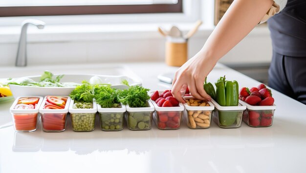 Conceito de alimentação saudável Closeup de mãos de mulher colocando legumes frescos em recipientes