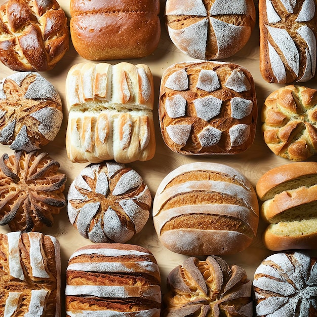 Conceito de alimentos Diferentes tipos de pão Vista superior Espaço de cópia