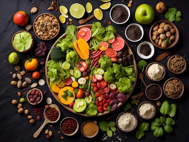 Conceito de alimentos saudáveis legumes frescos frutas e leguminosas em fundo preto