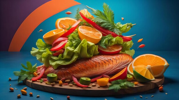 Foto conceito de alimentos saudáveis salmão cru fresco com vegetais em fundo azul