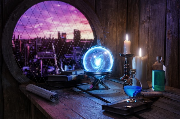 Conceito de alquimista Bola mística de cristal Livro de feitiços anel mágico garrafas de poções mágicas velas acesas e outros vários acessórios de bruxaria no fundo da mesa do assistente