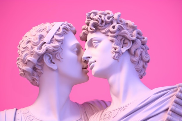 Conceito de amor do mesmo sexo Duas esculturas antigas de Apolo gay em um abraço amoroso em fundo rosa