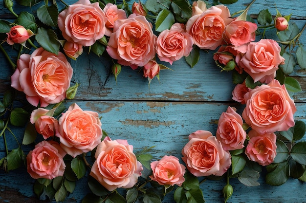 Conceito de Amor Um feixe de rosas cor-de-rosa em forma de coração em uma prancha de madeira Fundo IA generativa