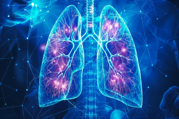 Foto conceito de anatomia do sistema respiratório humano com altos detalhes pulmões transparentes e traqueia em azul