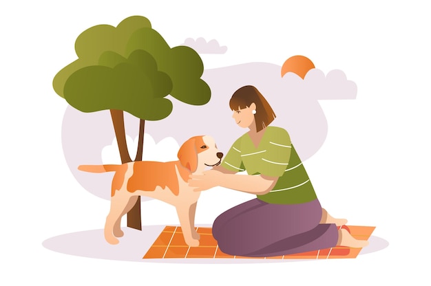 Conceito de animais de estimação com cena de pessoas no desenho plano A garota foi passear com seu cachorro