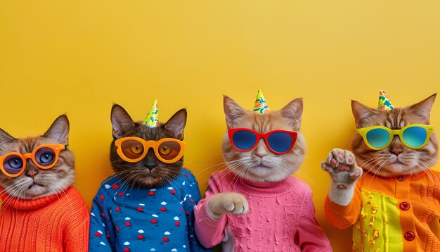 Foto conceito de animal criativo grupo de gato em funky wacky selvagem desajuste roupas coloridas isoladas em anúncio de fundo brilhante