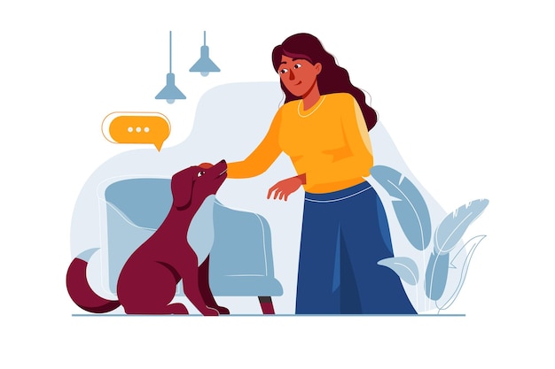 Conceito de animal de estimação com cena de pessoas no design de desenho animado plano Uma mulher passa tempo com seu animal de estimação