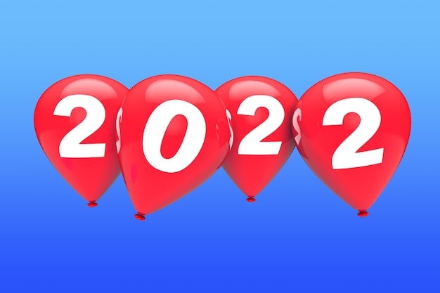 Conceito de ano novo. Balões de Natal vermelhos com sinal de 2022 em um fundo de céu azul. Renderização 3D