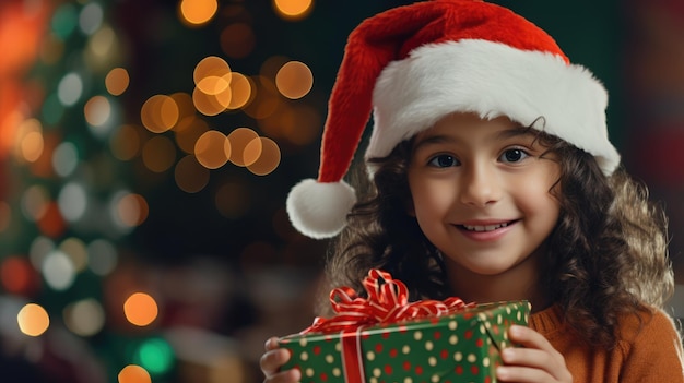 Foto conceito de ano novo criança adorável e bonita perto da árvore de natal com presentes ano novo