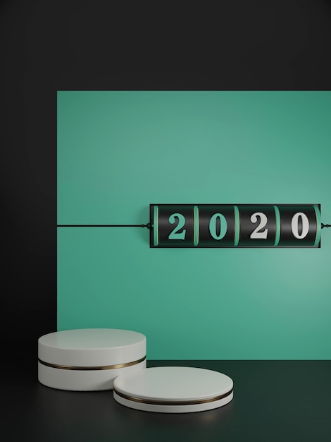 Conceito de ano novo. fundo de slot preto do número 2020 para mudar o ano e o suporte branco sobre fundo verde e vermelho de lava.