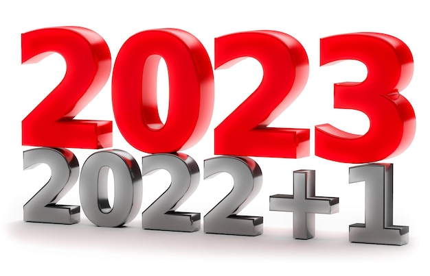 Conceito de ano novo Números 2022 mais 1 e 2023 isolados em branco