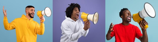 Conceito de anúncio animado homens negros gritando com megafone