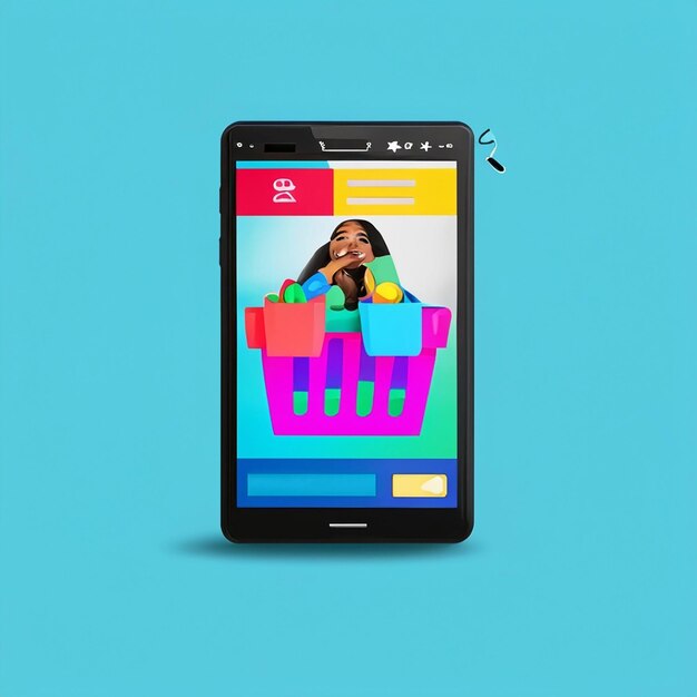 Foto conceito de aplicativo de compras on-line um smartphone com um braço segurando uma cesta de compras