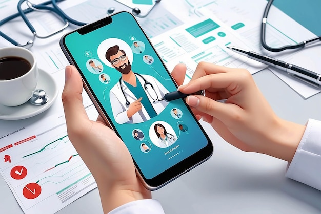 Conceito de aplicativo de saúde em um smartphone Vector de equipe médica profissional conectada on-line a um paciente dando uma consulta médica
