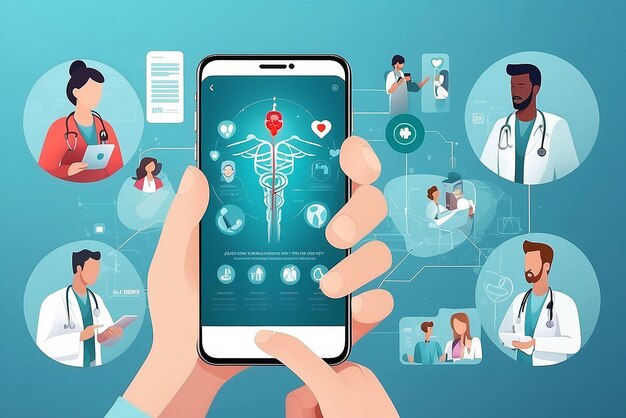 Conceito de aplicativo de saúde em um smartphone Vector de equipe médica profissional conectada on-line a um paciente dando uma consulta médica