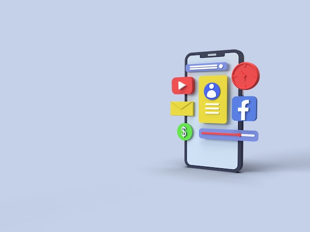 Conceito de aplicativos de smartphone 3D com fundo azul renderizado