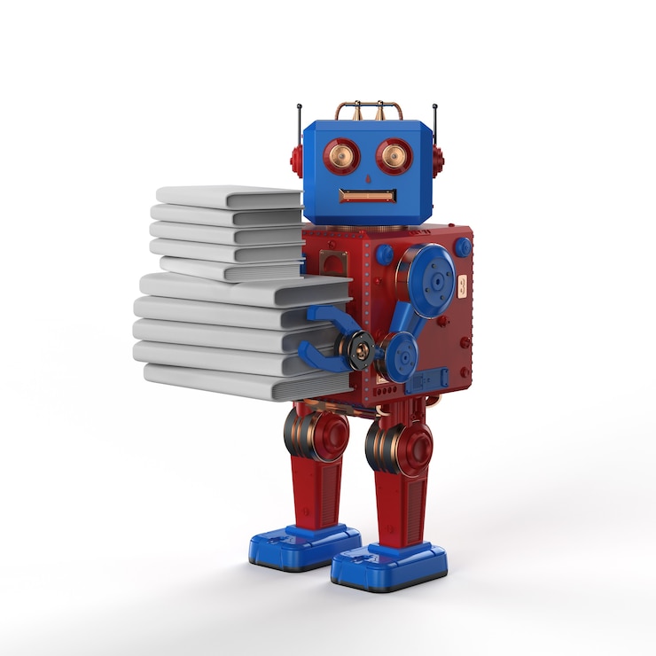 Foto conceito de aprendizado de máquina com livros holísticos de robô de brinquedo de lata