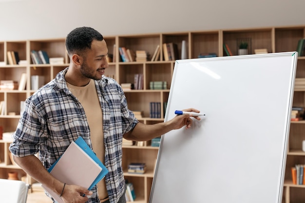 Conceito de apresentação gerente masculino árabe profissional em pé perto de um quadro branco vazio e escrevendo