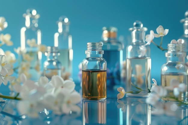 Conceito de aromaterapia com óleos essenciais em várias garrafas