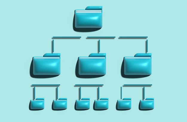 Conceito de arquivamento de documentos de hierarquia de pastas Estrutura de documentação eficiente Troca de informações sem papel Renderização de ilustração 3D