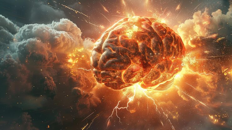 Foto conceito de arte de um cérebro humano explodindo com conhecimento e criatividade