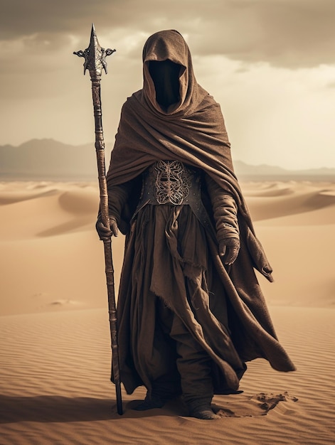 Foto conceito de assassino de fantasia com templários e moda do deserto