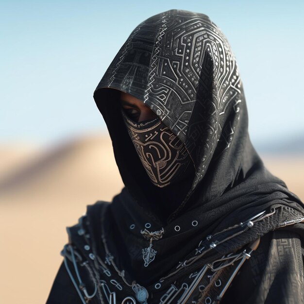 Foto conceito de assassino de fantasia com templários e moda do deserto