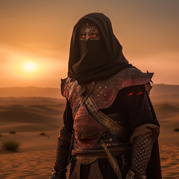 Foto conceito de assassino de fantasia com templários e moda do deserto