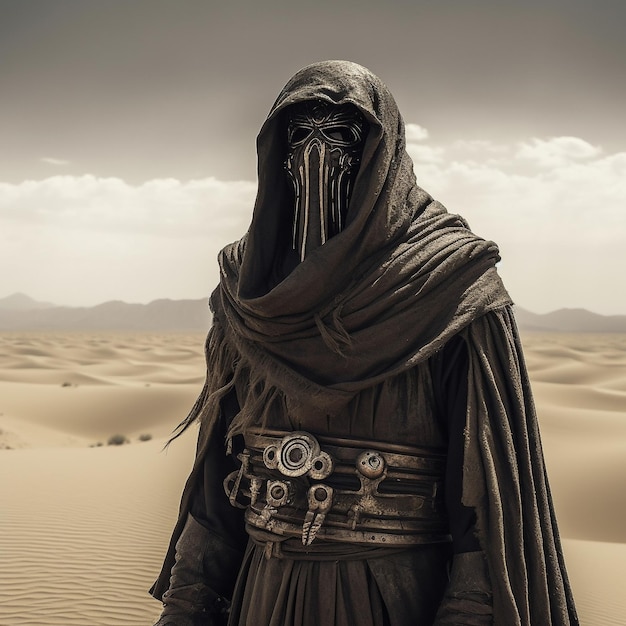 Foto conceito de assassino de fantasia com templários e moda do deserto