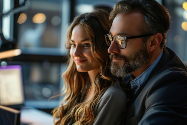 Conceito de assédio Chefe masculino abraça subordinada feminina no escritório