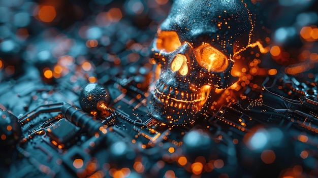 Conceito de ataque cibernético com crânio digital e ossos cruzados em um símbolo de ameaça de hacker de fundo escuro