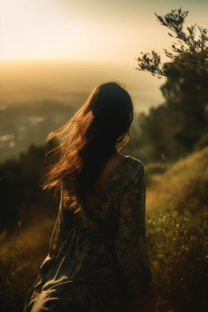 Foto conceito de autocuidado mulher de trás no topo de uma colina respirando ar fresco ao ar livre