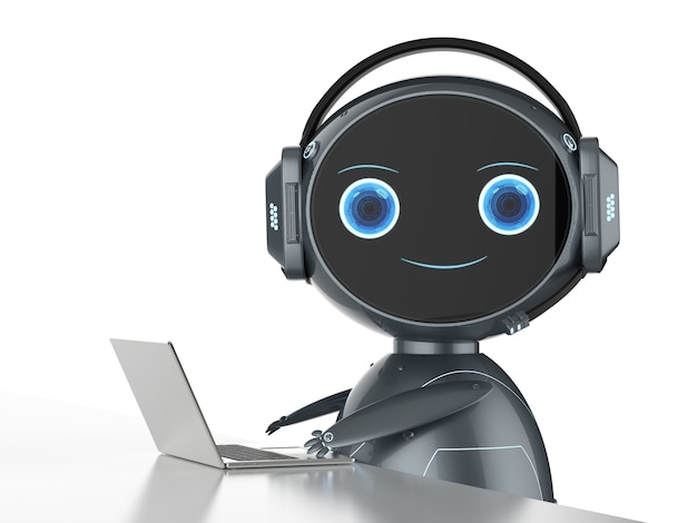Foto conceito de automação de atendimento ao cliente com robô trabalhando com fone de ouvido e notebook
