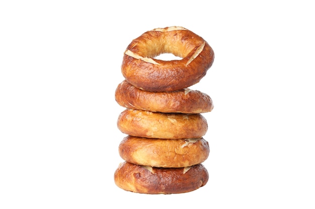 Conceito de bagels de padaria saborosos isolados no fundo branco