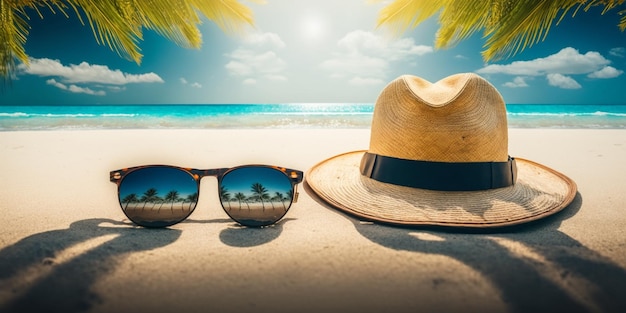 Conceito de banner de viagens de férias e verão Boas festas na praia tropical de areia Chapéu Panamá e óculos de sol com reflexo da praia tropical e palmeiras