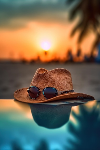 conceito de banner de viagens de verão boas festas na praia de mar tropical arenoso chapéu panamá e óculos de sol