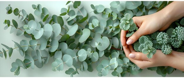 Conceito de Beleza e Bem-Estar Mulher39s Mão segurando flores de eucalipto contra fundo branco Conceito de beleza e bem-estar Flores de eucalypto com fundo branco Retrato de mão feminina