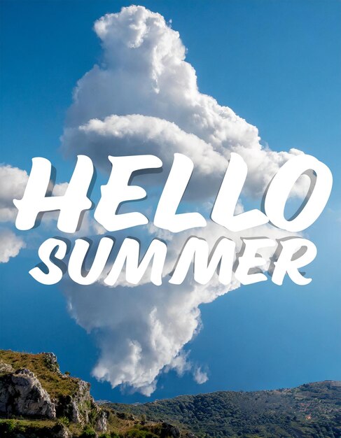 Conceito de bem-vindo ao verão com texto em céu azul e nuvens brancas de fundo