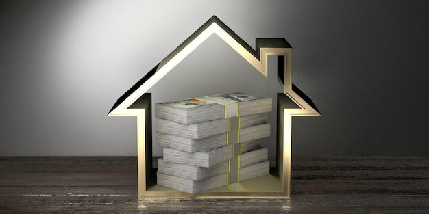 Conceito de bens imobiliários de dinheiro em forma de casa renderização em 3D