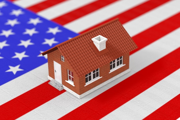 Conceito de bens imobiliários. Living House over American Flag closeup extrema. Renderização 3D