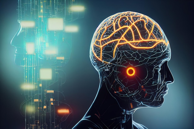 Conceito de big data e inteligência artificial Aprendizado de máquina e conceito de dominação da mente cibernética Ilustração 3D de ciborgue de robô
