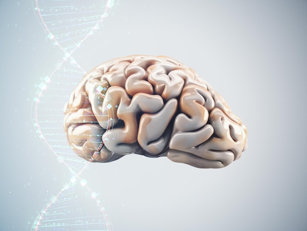Conceito de bioengenharia e ciência com cérebro humano e símbolos de DNA em fundo cinza claro IA generativa